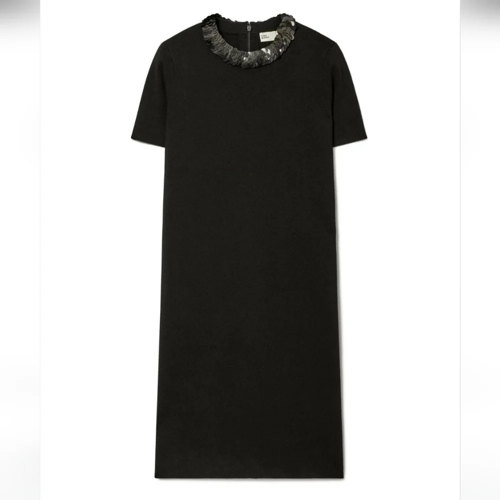 Tory Burch Sequin-embellished Merino Wool-blend Midi Dress Black Office NWOT S